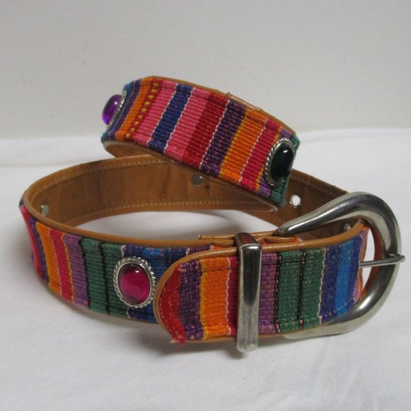***SOLD*** Southwestern Colorful Striped Woven Belt sz M Cabochon Conchos - Picture 5 of 7